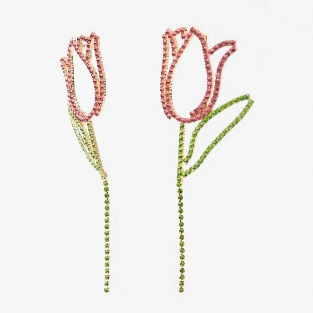 🌹NWT. Zara Pink Green Rhinestone Tulip Flower Oversized Drop Earrings.